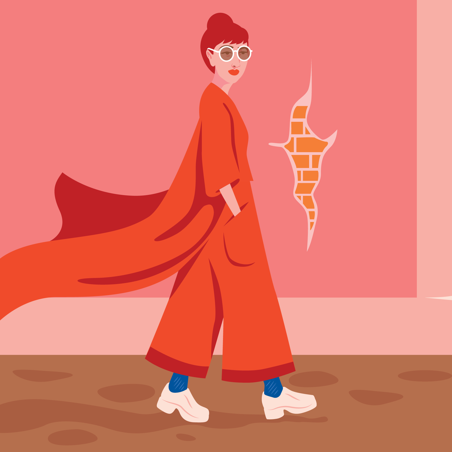 Illustration with woman in long red coat and pants