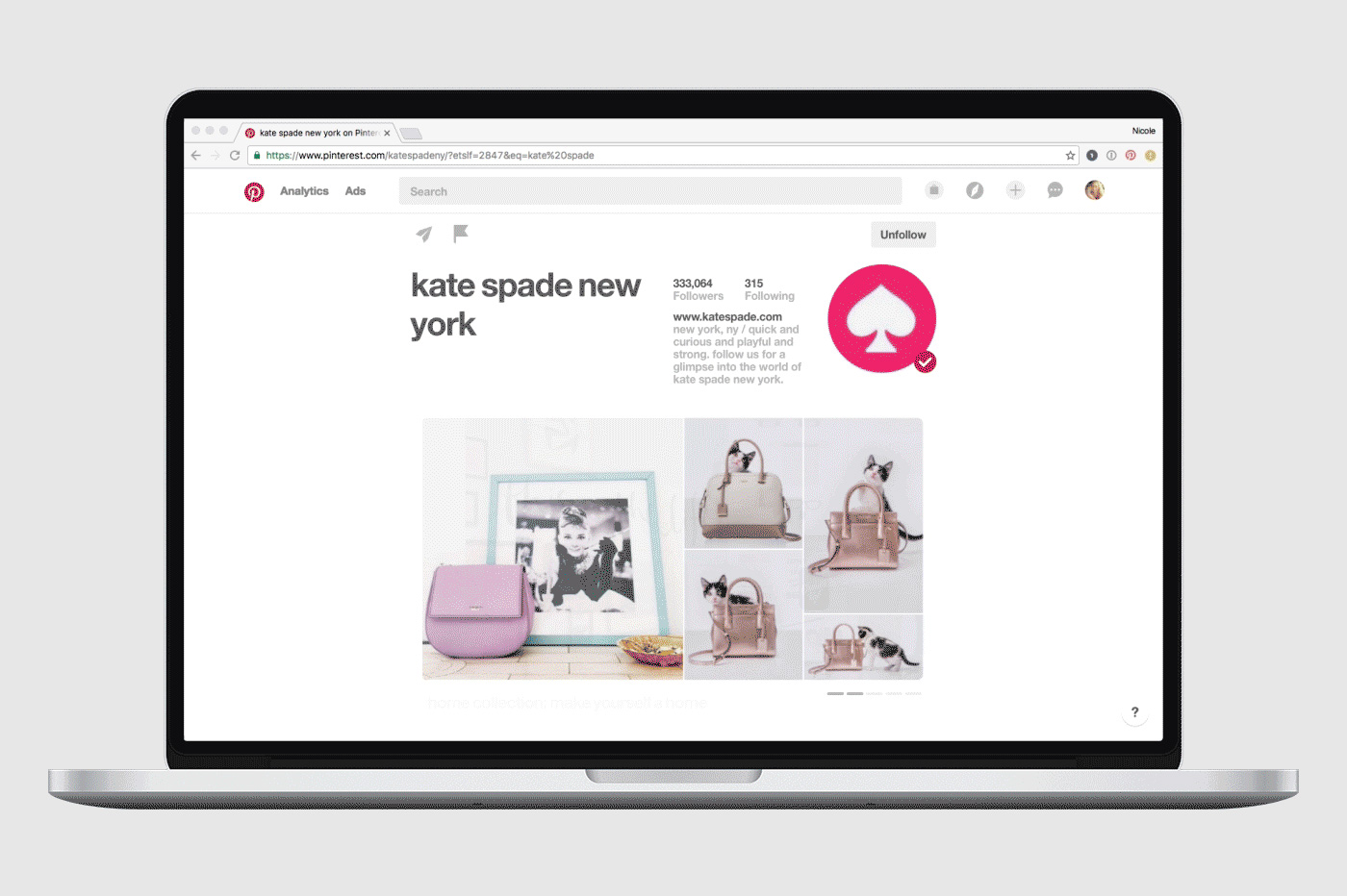 Laptop screen displaying Kate Spade New York profile