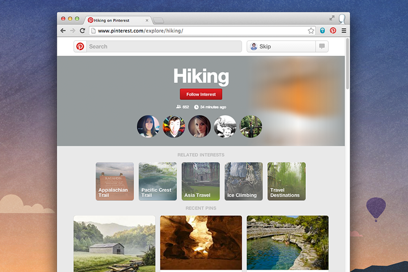 Pinterest favorite categories screen on desktop.