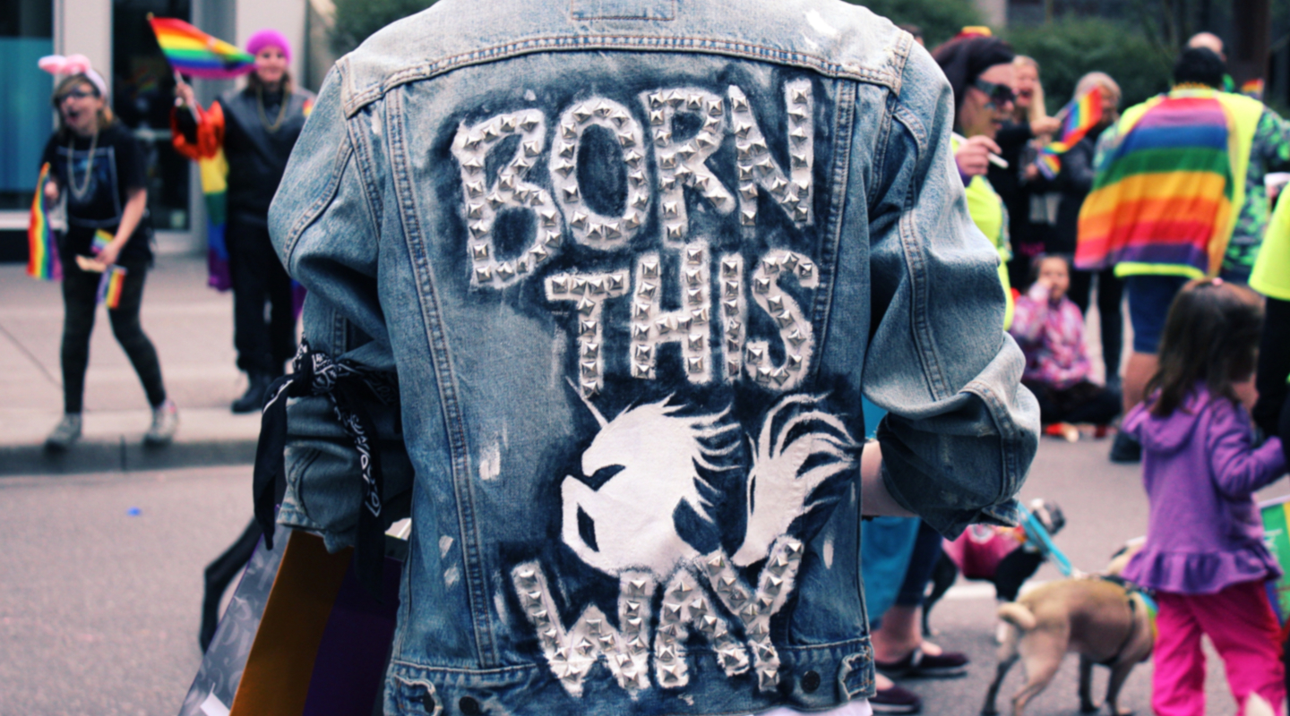 Born this way jean jacket at pride parade