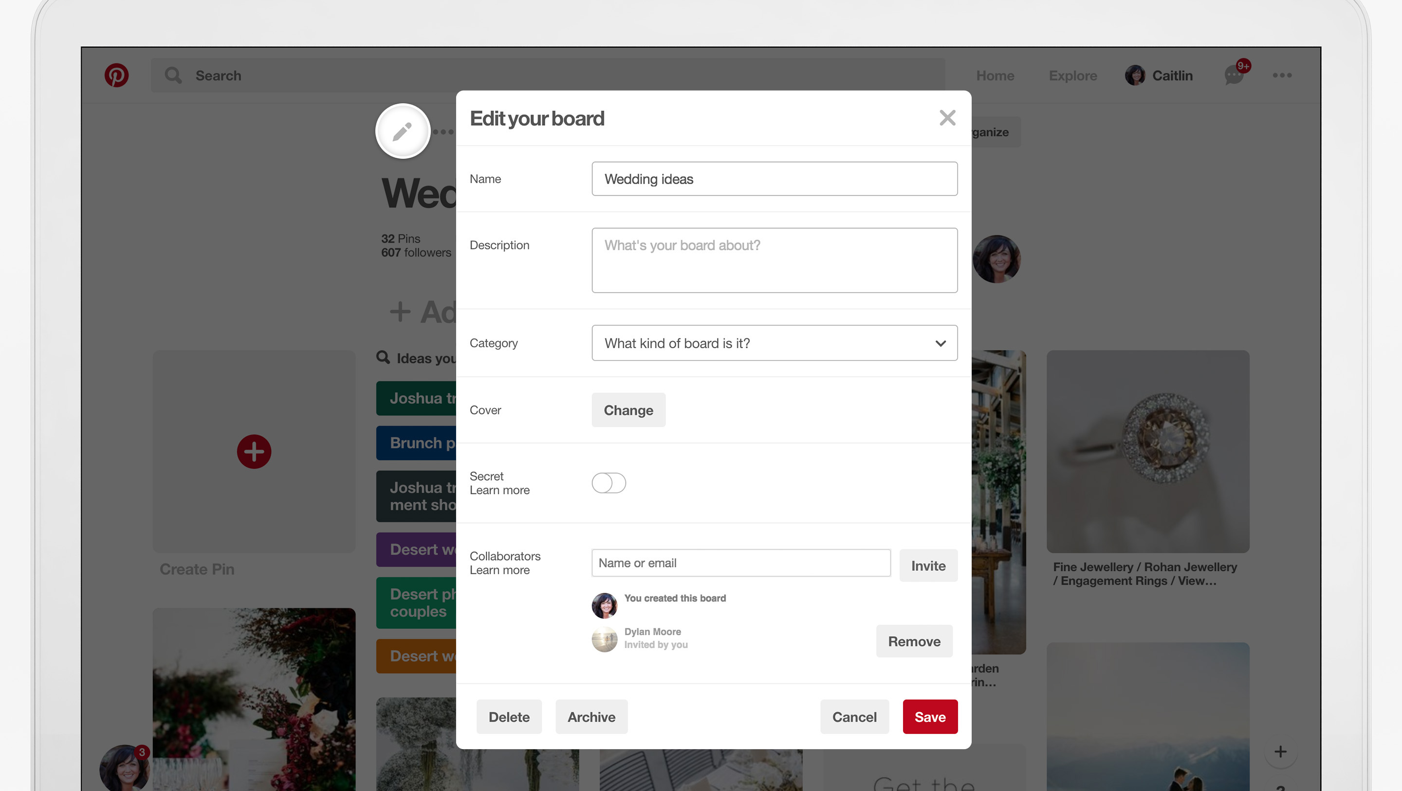 Image of the new archive boards feature on Pinterest