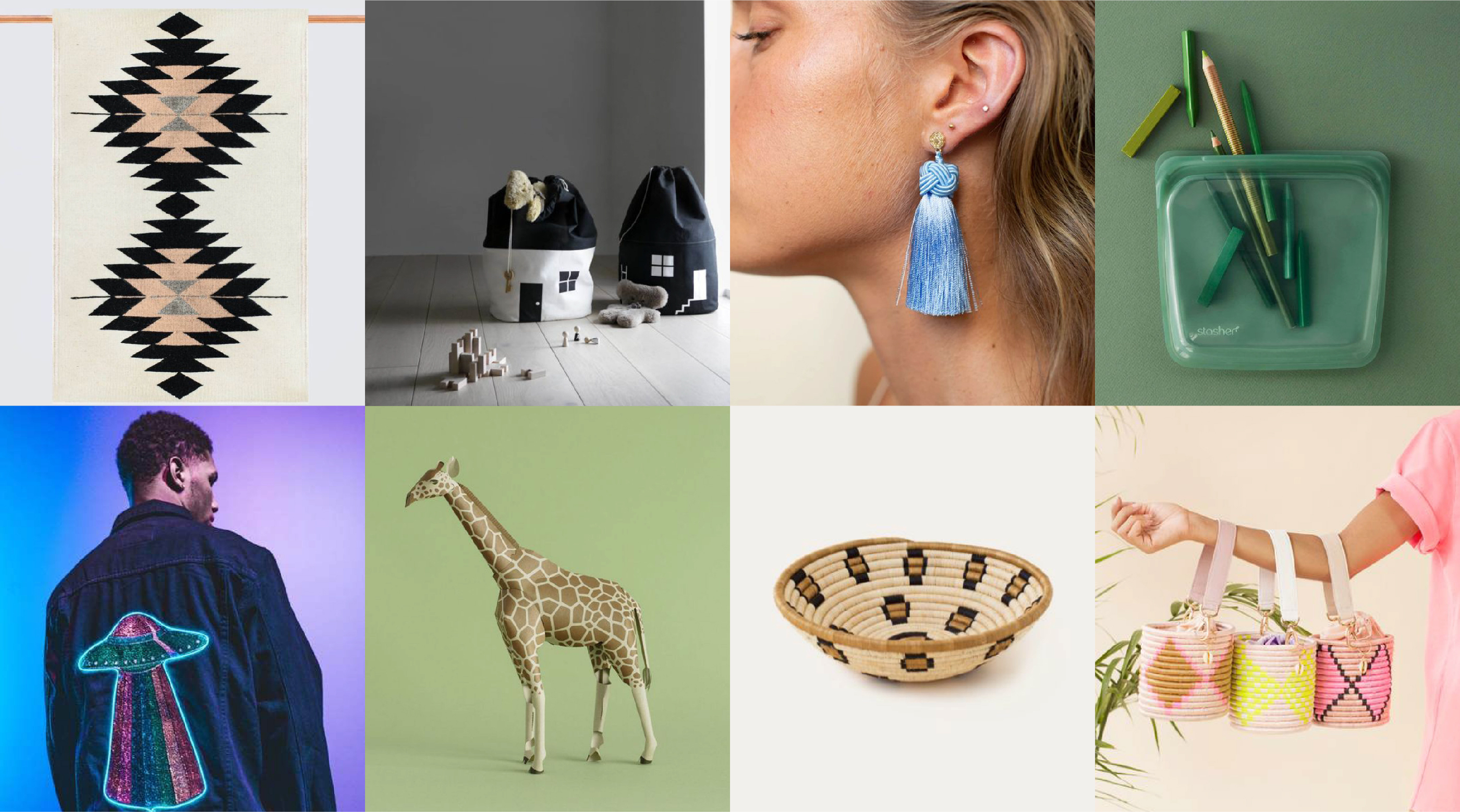 Photo of 8 products sold on the Pinterest Shop (carpet, toy, earring, basket, bag, coat, toy giraffe)