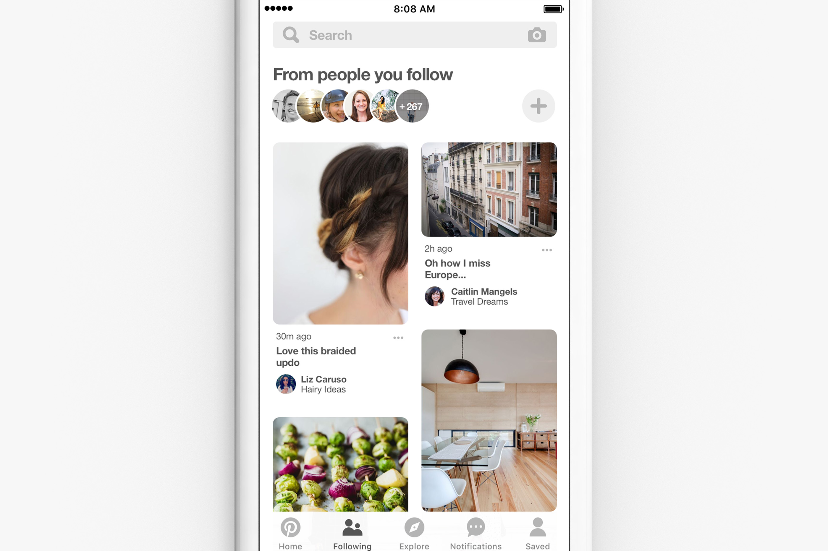 Image of Pinterest app and new tab focused on following 