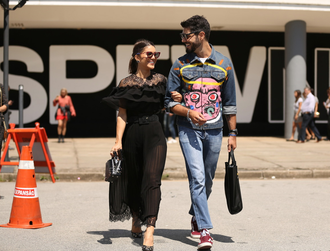 Woman and man walking together.