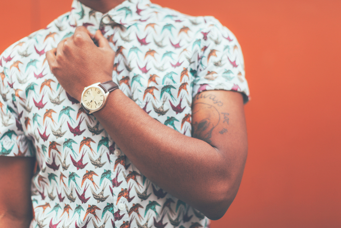 Close up of a man's printed shirt with birds