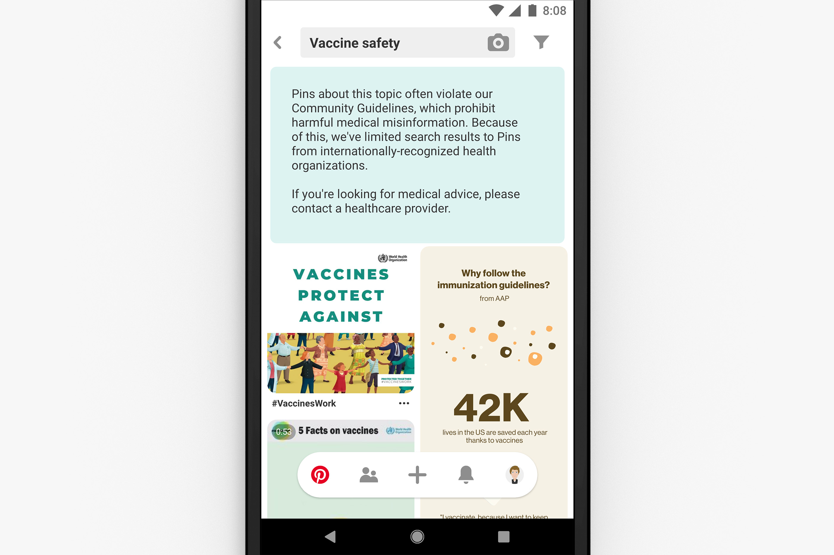 Authoritative results for vaccine related searches on Pinterest