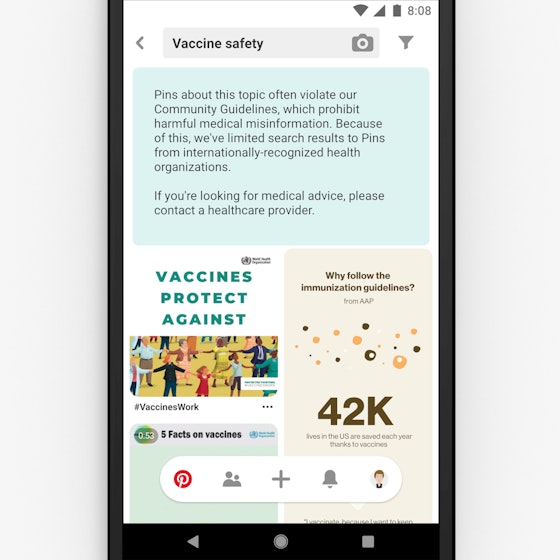 Authoritative results for vaccine-related searches on Pinterest